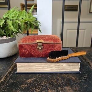 Antique Crushed Velvet Keepsake Box w Mirror + Vintage Wood Handle Clothes Brush